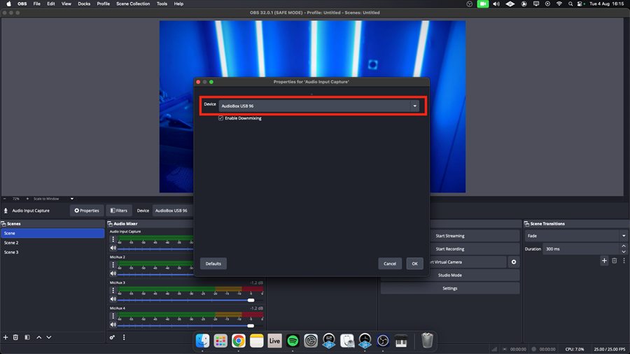 OBS Audio Input Capture device set to Line (2 - AudioBox USB 96)
